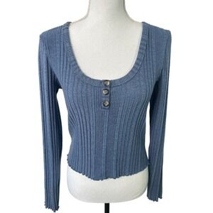 Aeropostale Ribbed Henley Top Blue Long Sleeve‎ Scoop Neck Size L